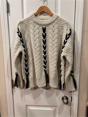 Retrod Crewneck Open Work Sweater Chunky Knit Cream Black Lacing Detail